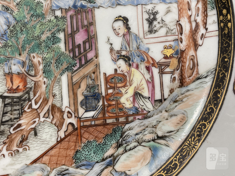 清雍正 广珐琅彩仕女采桑图盘 - 图5